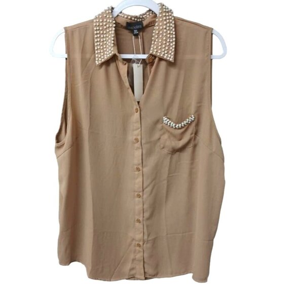 Sleeveless Blouse With Pearl Embellished Collar & Pocket Trim Zenobia 3XL - Picture 1 of 5